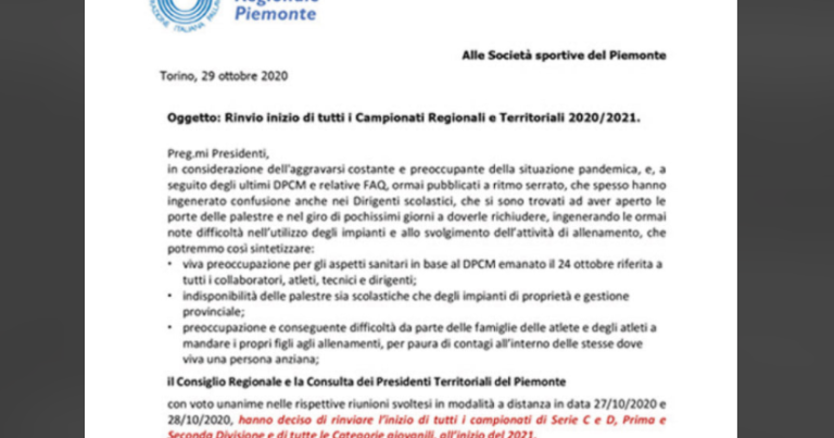 Rinvio inizio campionati ad inizio 2021